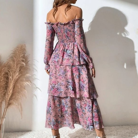 Shirred Layered Hem Floral Printed  Off The Shoulder Dress Dusty Pink - Picture 7 of 7